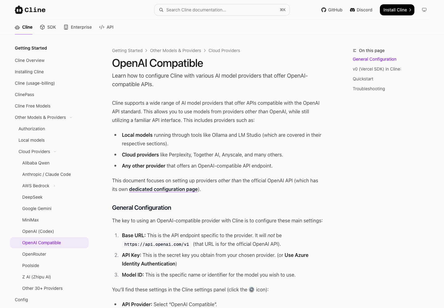 # Cline 官方文档:支持自定义 OpenAI-compatible API endpoint · 2026-08-28
