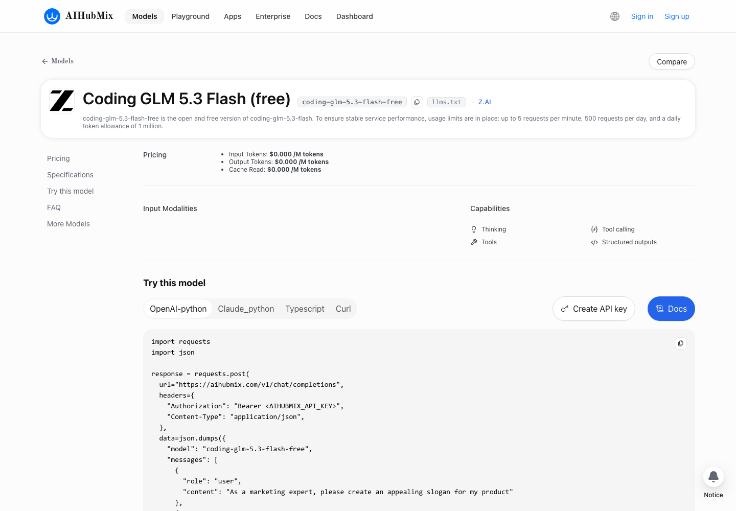 # AIHubMix 单模型页:Coding GLM 5.3 Flash 免费模型与零价信息 · 2026-08-28