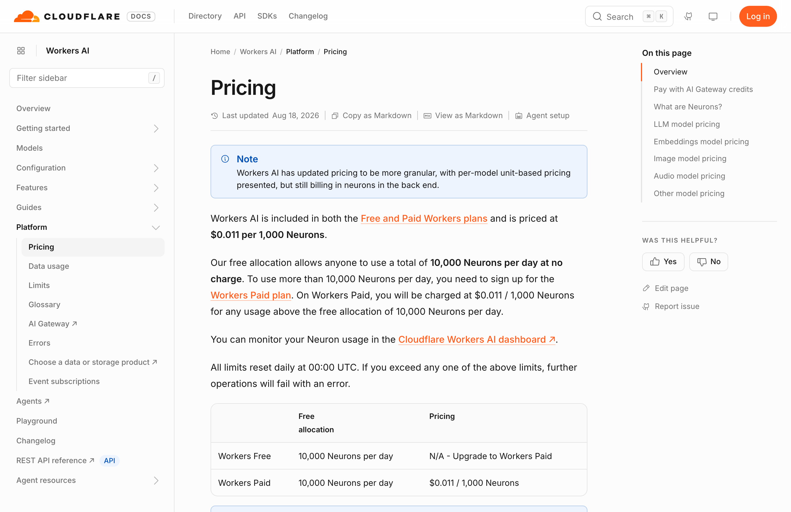 Cloudflare Workers AI 官方页面实拍 · 2026-08-23