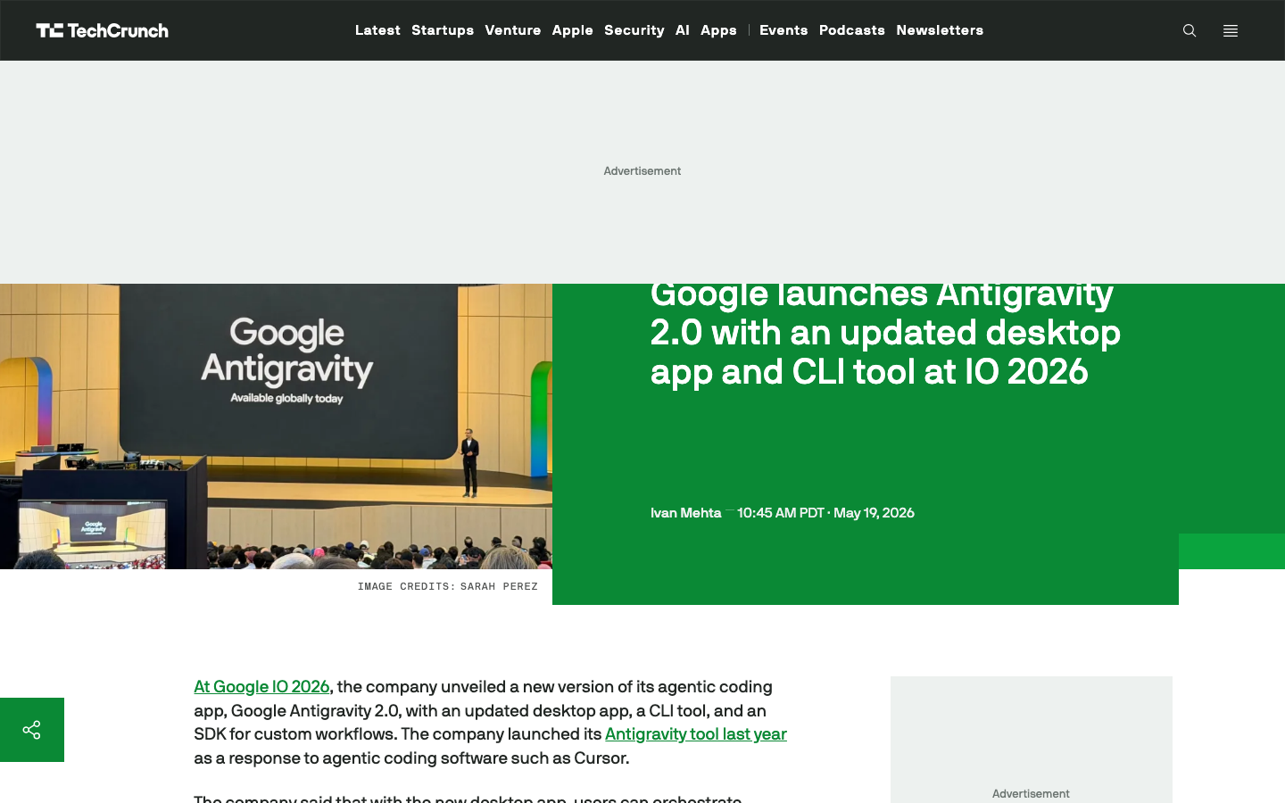 TechCrunch：Google Antigravity 2.0 正式发布 | 2026.5.19