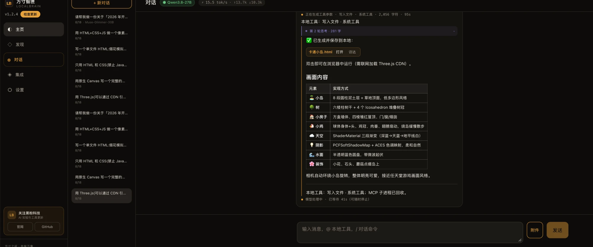# 它交完第 1 题时给的回执:画面元素逐条列清楚,右上角还挂着这次工具调用已经写了 2,056 字符、耗时 95 秒