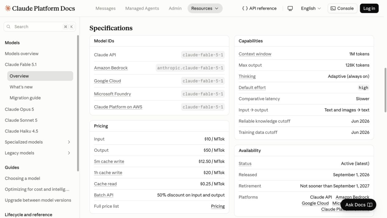 Claude Platform 官方规格:1M 上下文、128K 最大输出、$10/$50 基础价格与 $0.25 缓存读取