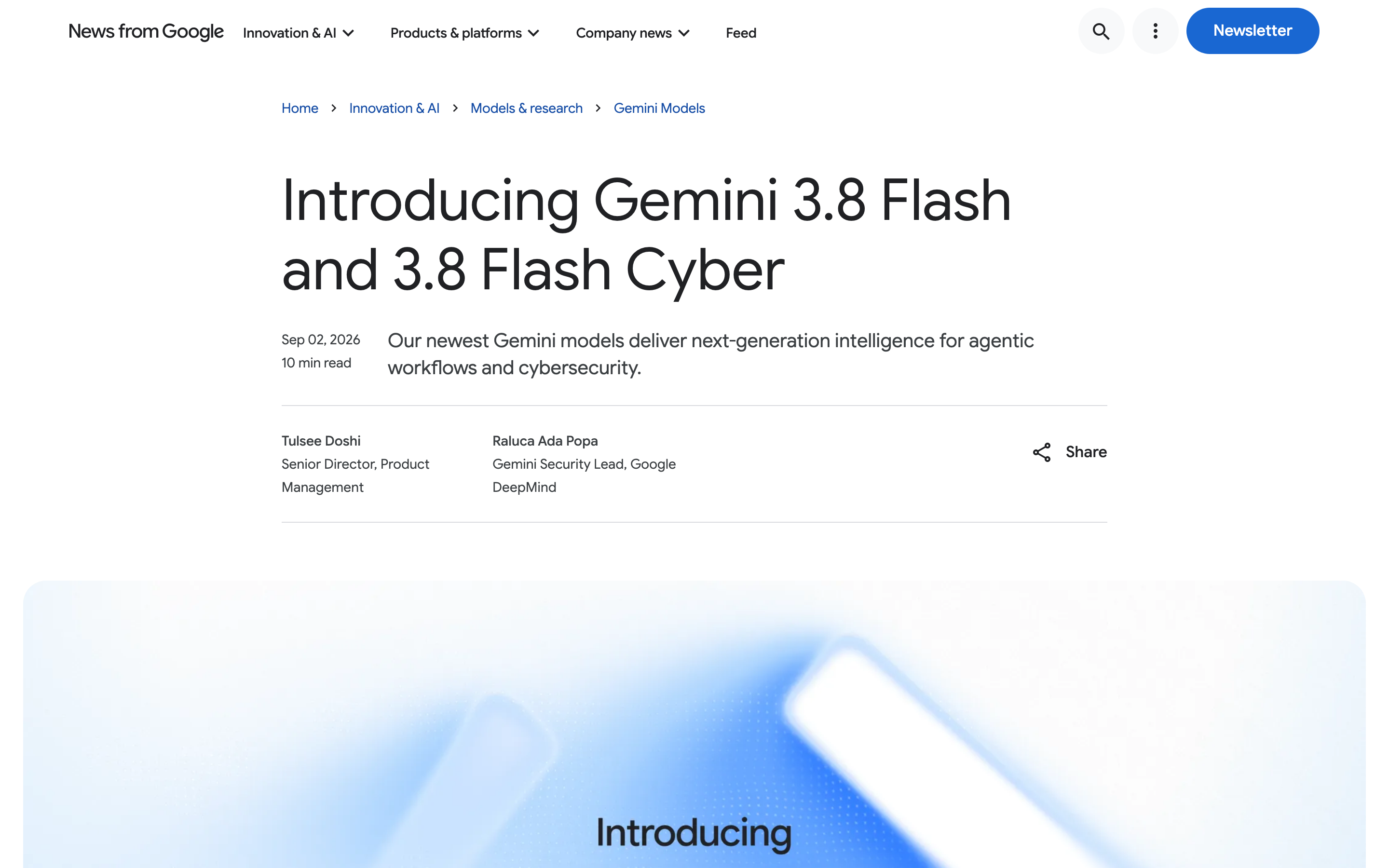 谷歌官方公告页:Gemini 3.8 Flash 与 3.8 Flash Cyber,2026 年 9 月 2 日,署名里有一位“Gemini 安全负责人”