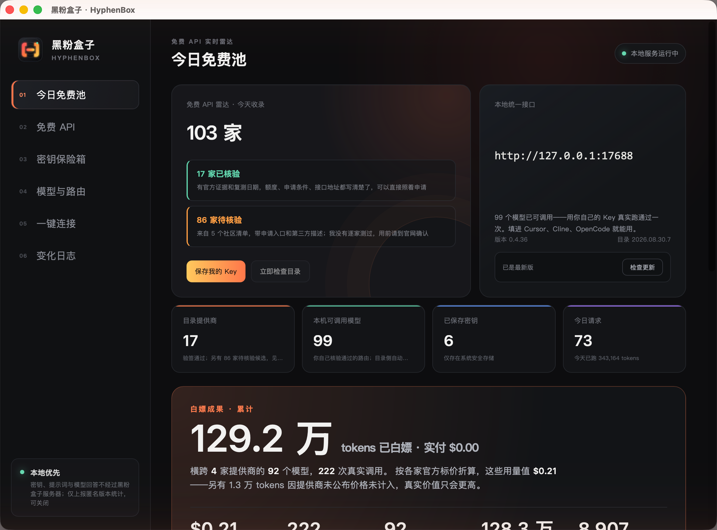 # 打开就是「今日免费池」:目录收录 103 家,本机已核验通过 99 个可调用模型。右侧是本地统一接口地址。