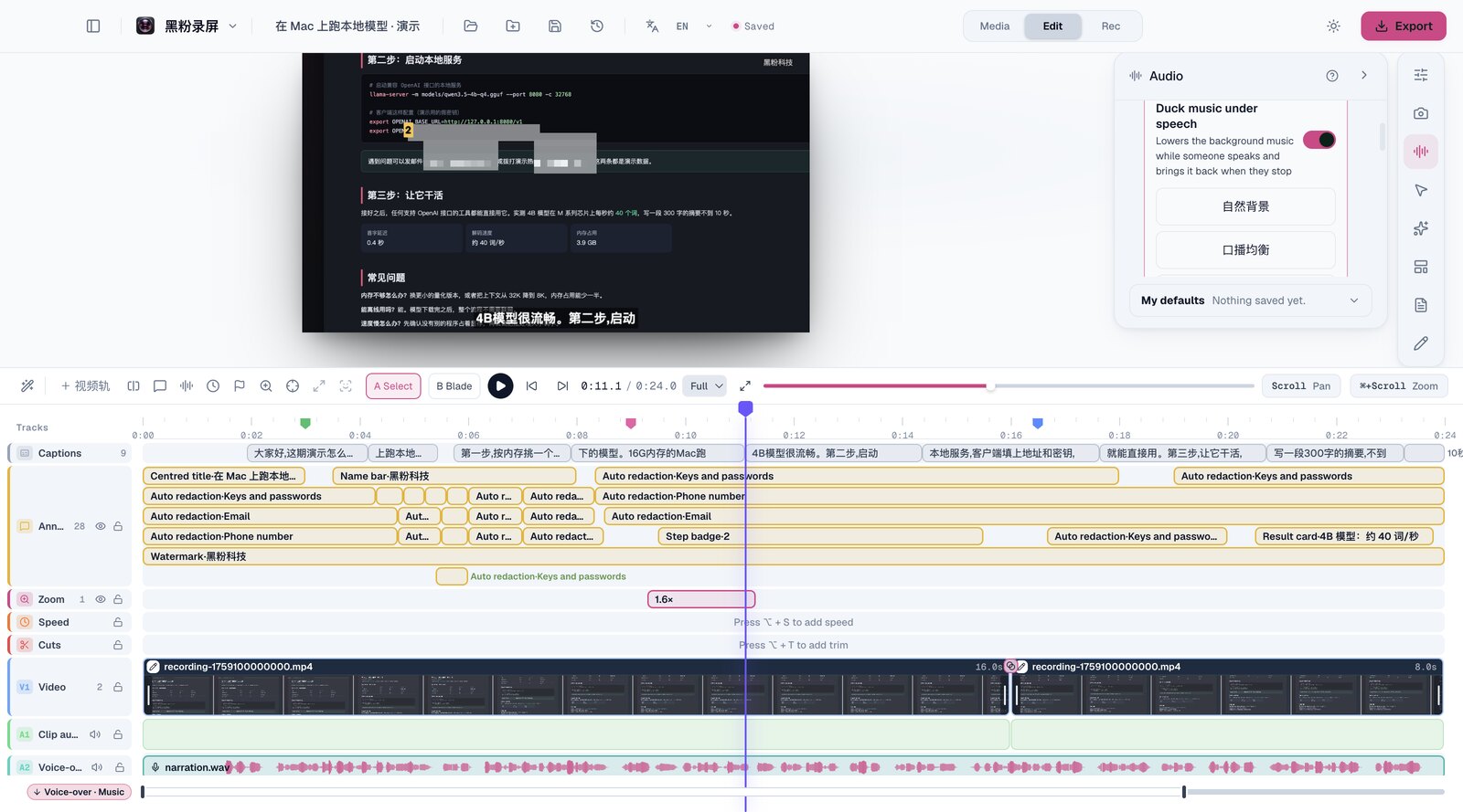 Sound: voice isolation, music ducking under speech and its three presets