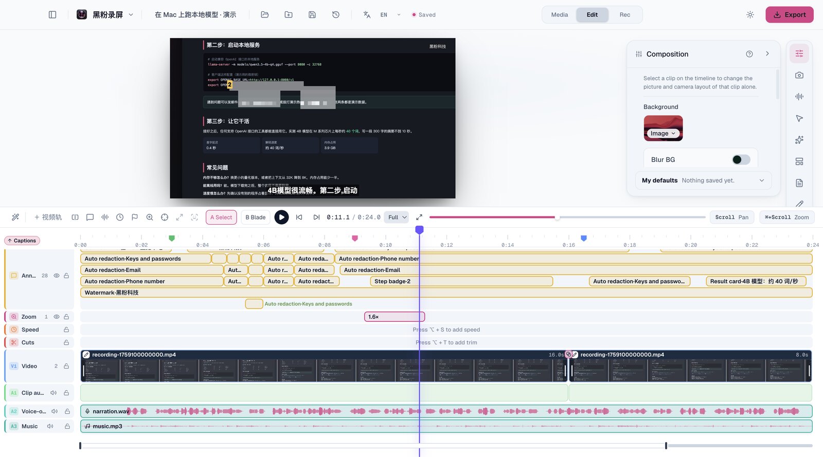 HyphenScreen 1.0.1: the preview is zoomed in on a code block, the key and contact details are redacted automatically, captions below and a watermark in the corner; the timeline gives captions, annotations, zoom, video, voiceover and music each their own track