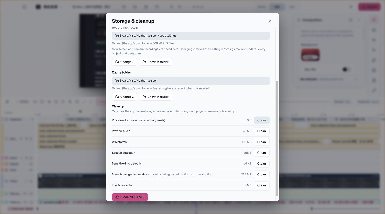 Storage & cleanup: where projects, recordings and caches live, with each kind of cache cleared on its own