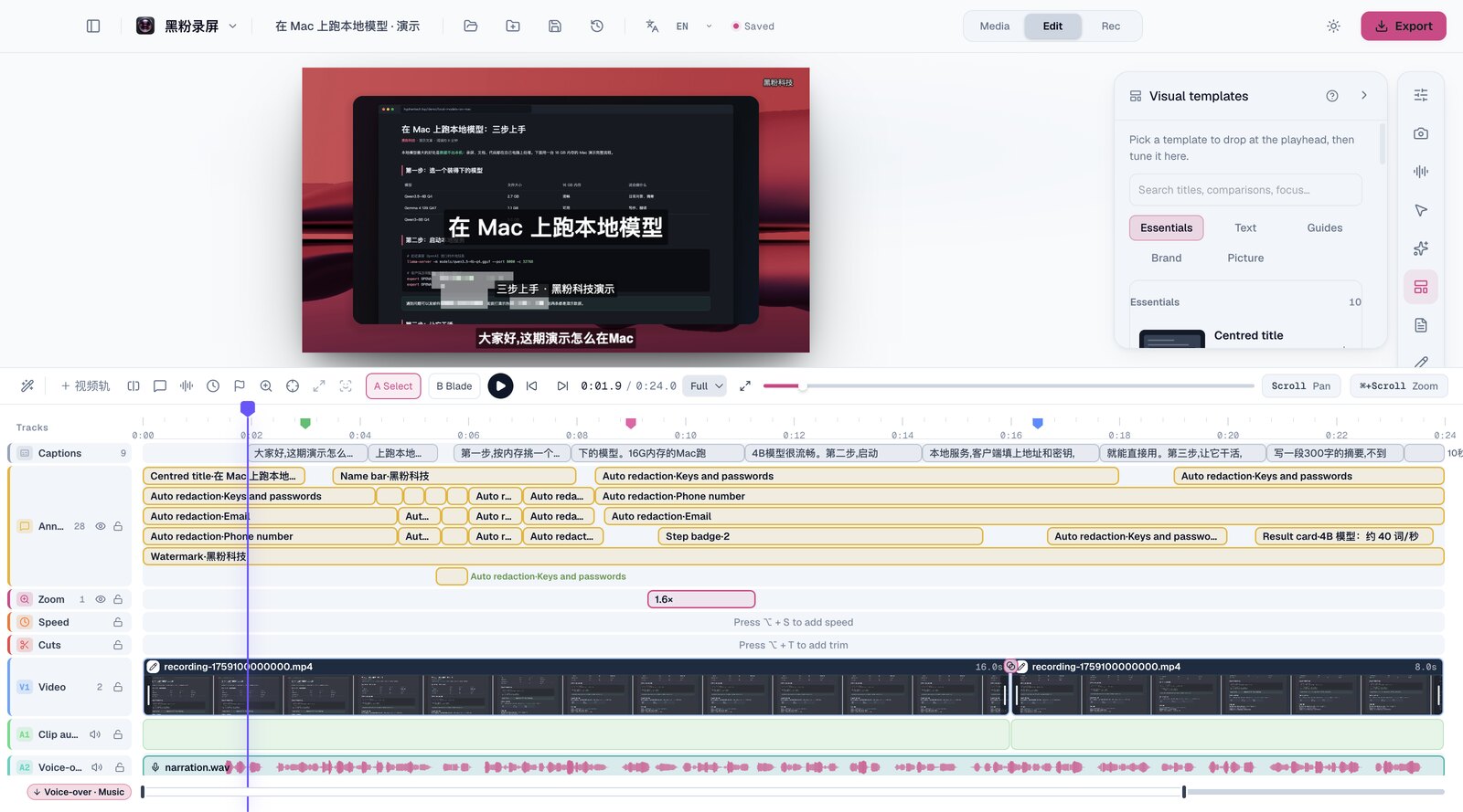 Visual templates: pick by category, drop at the playhead, then adjust every setting