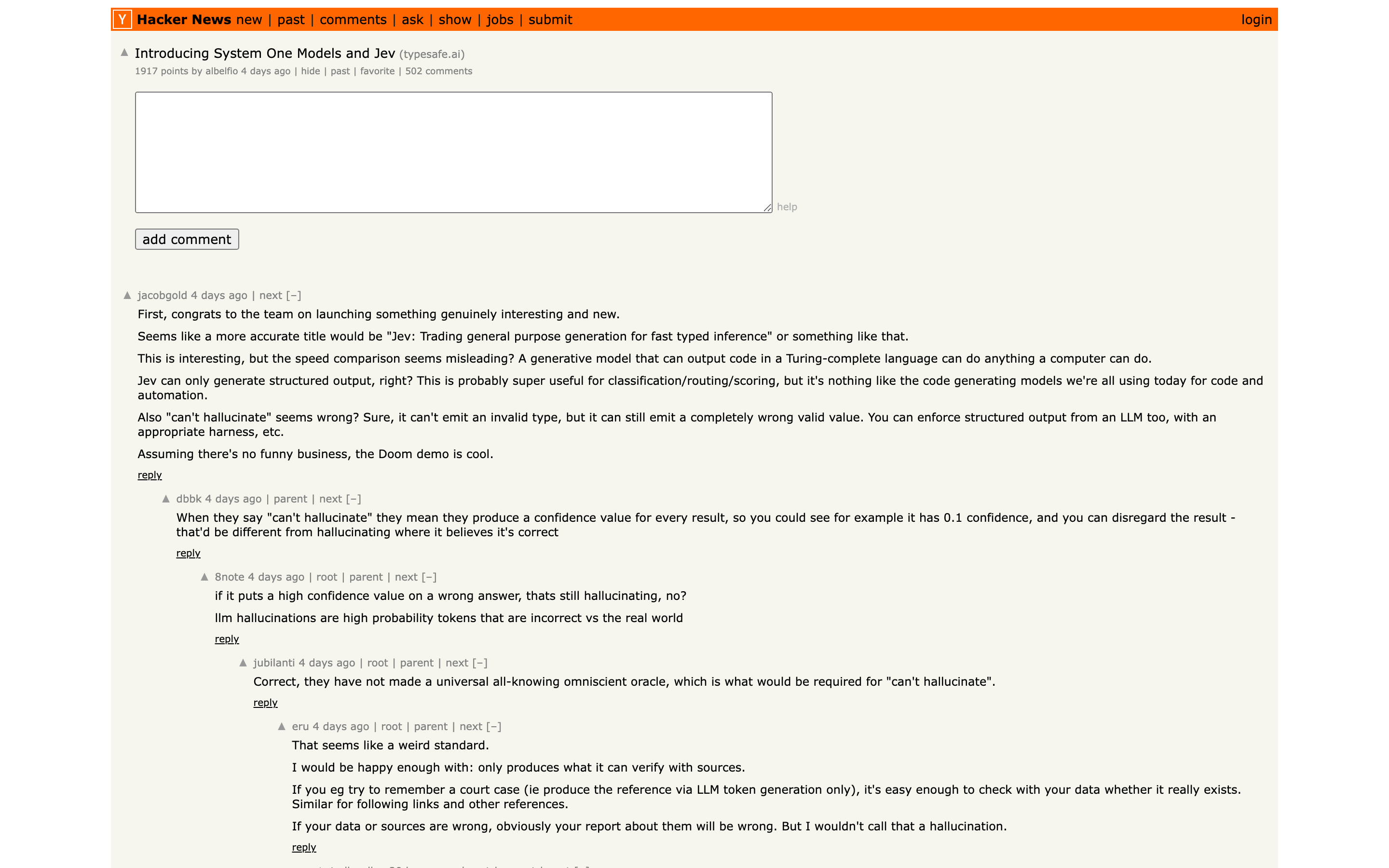 Hacker News 上的发布帖，今天已累计 1917 分、502 条评论。截图取自 news.ycombinator.com