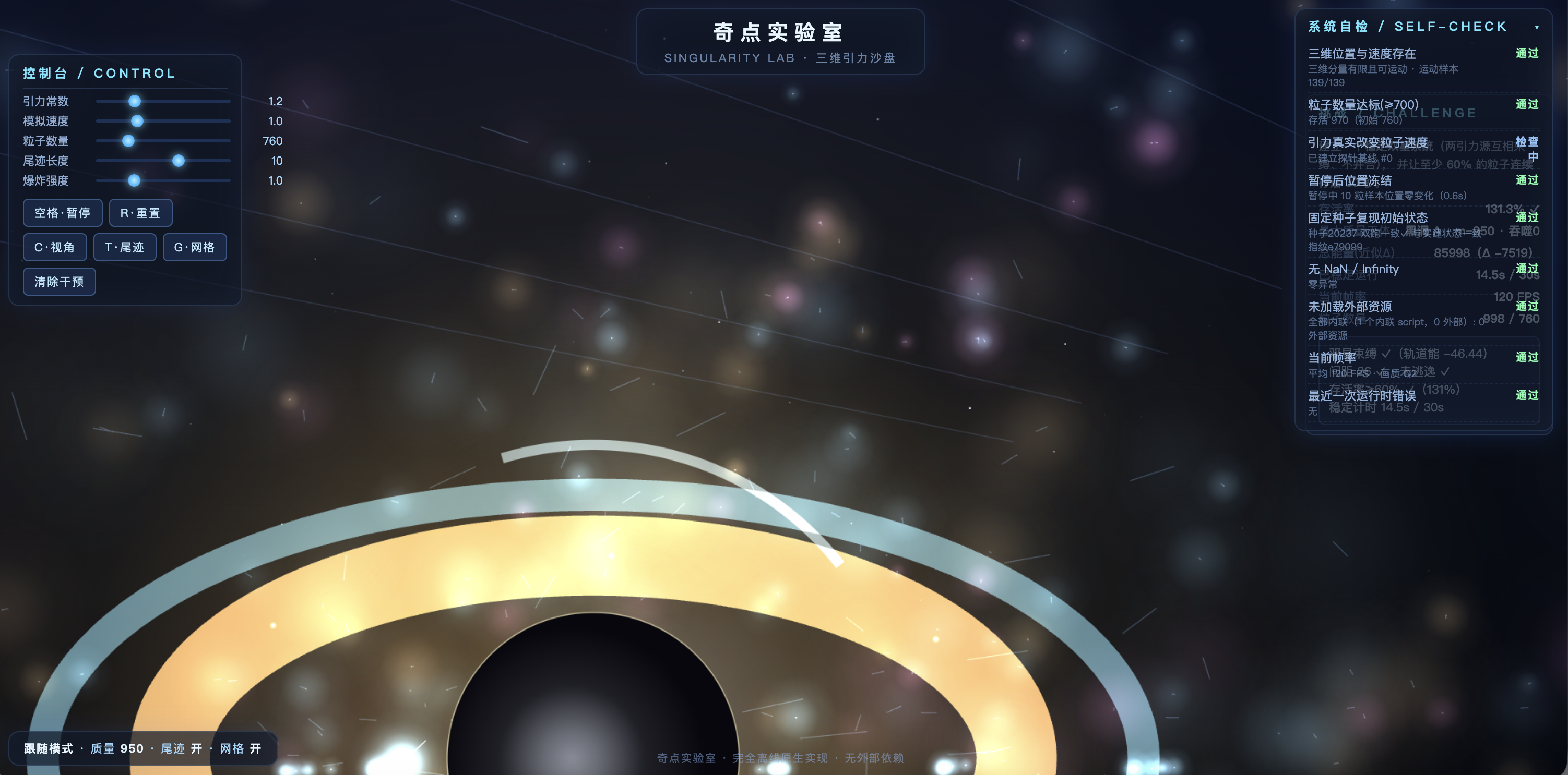题 1《奇点实验室》运行态：760 个粒子围绕双引力源运动，轨迹、控制台与逐项自检同时刷新