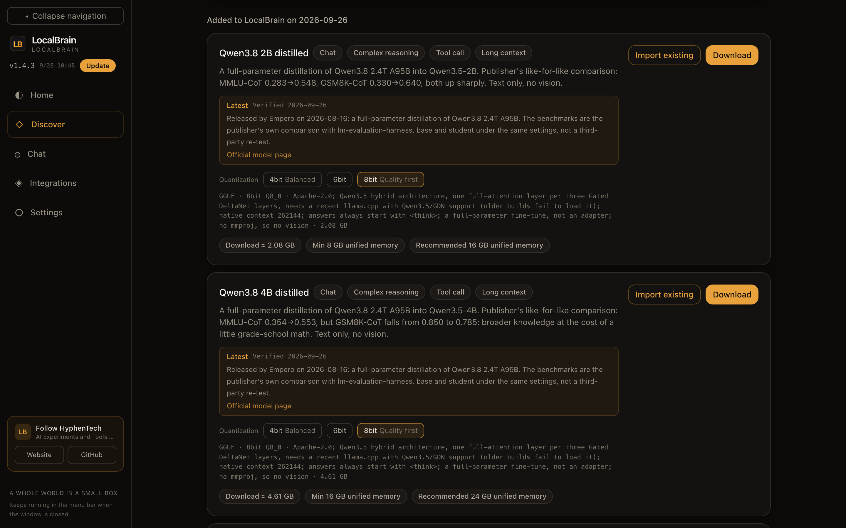 # Discover: ability tags, the publisher's benchmark numbers, quantizations and the minimum / recommended memory worked out for this machine, all before the download button.