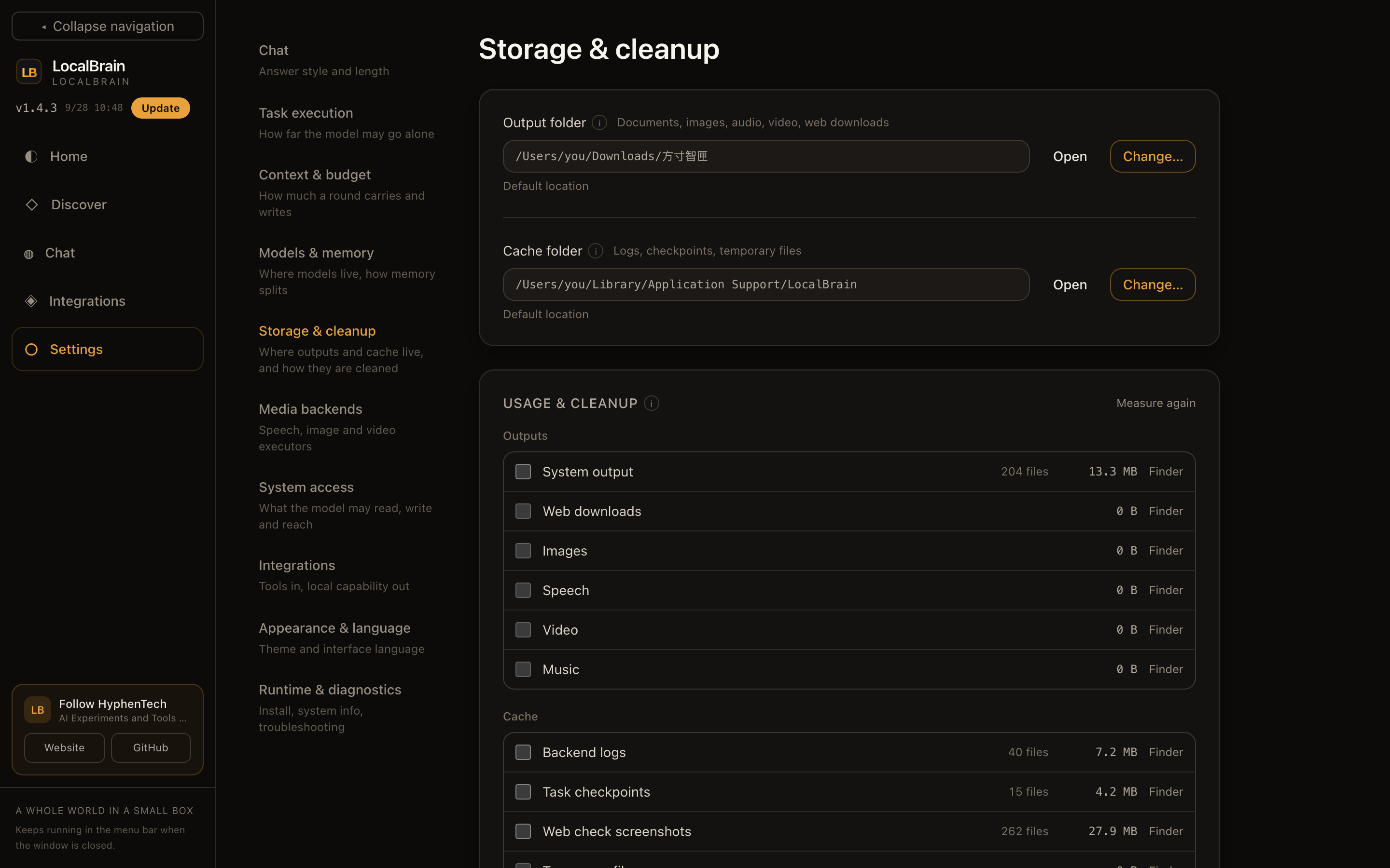 # Settings · Storage & cleanup: both the output folder and the cache folder can move; usage and file counts per category, tick to clean.