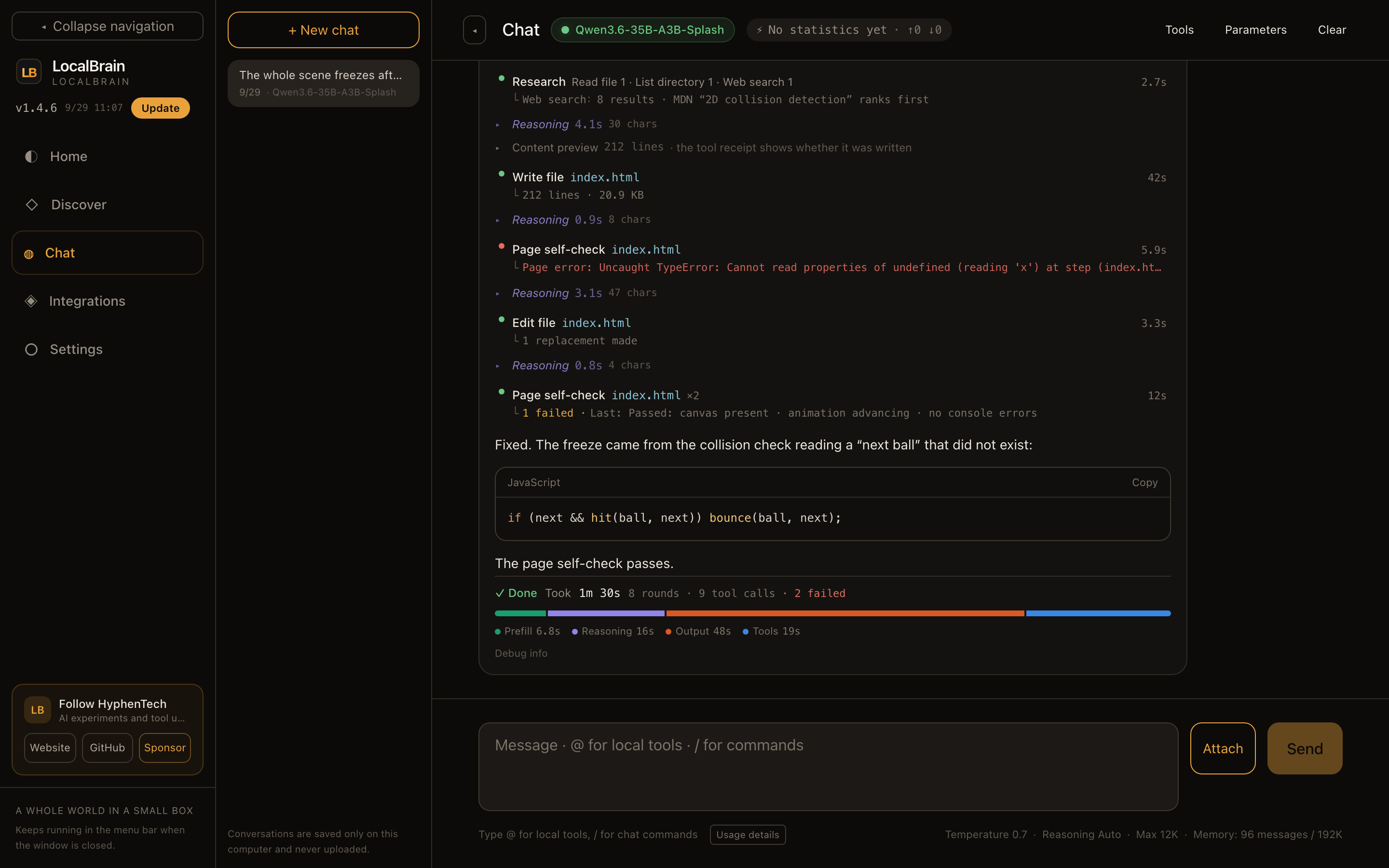 # Chat (demo data): the self-check fails → one line gets a null check → the next self-check passes; the summary shows 8 rounds, 9 tool calls, 2 failures and four time segments.
