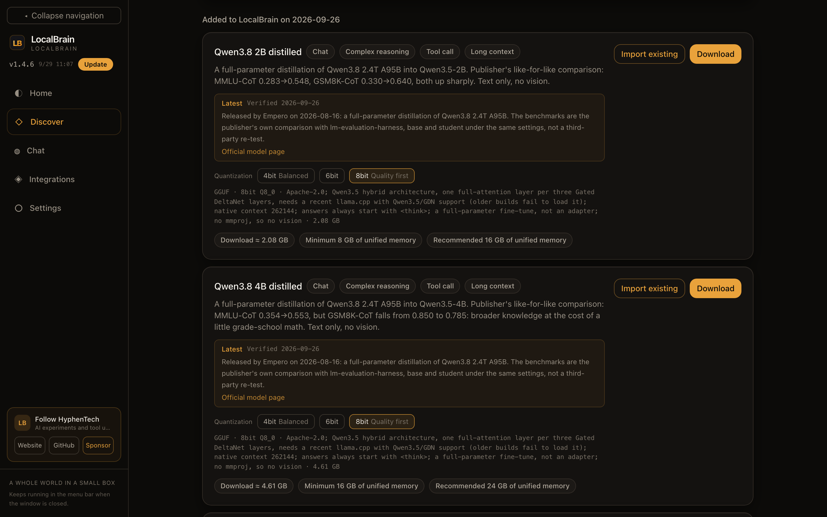 # Discover: ability tags, the publisher's benchmark numbers, quantizations and the minimum / recommended memory worked out for this machine, all before the download button.