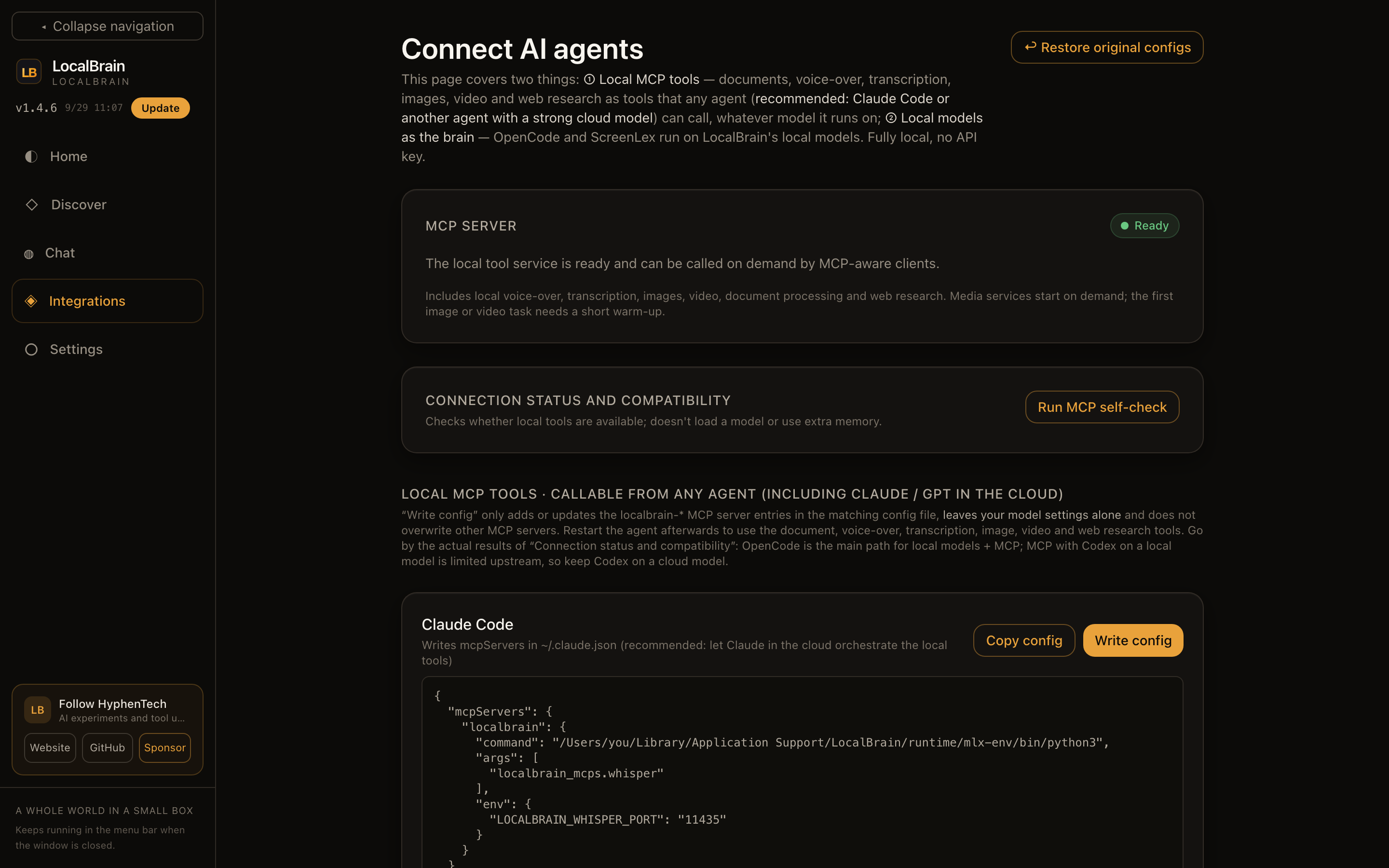 # Integrations: local MCP tools written into each client's configuration with one click, and local models served through an OpenAI-compatible endpoint.