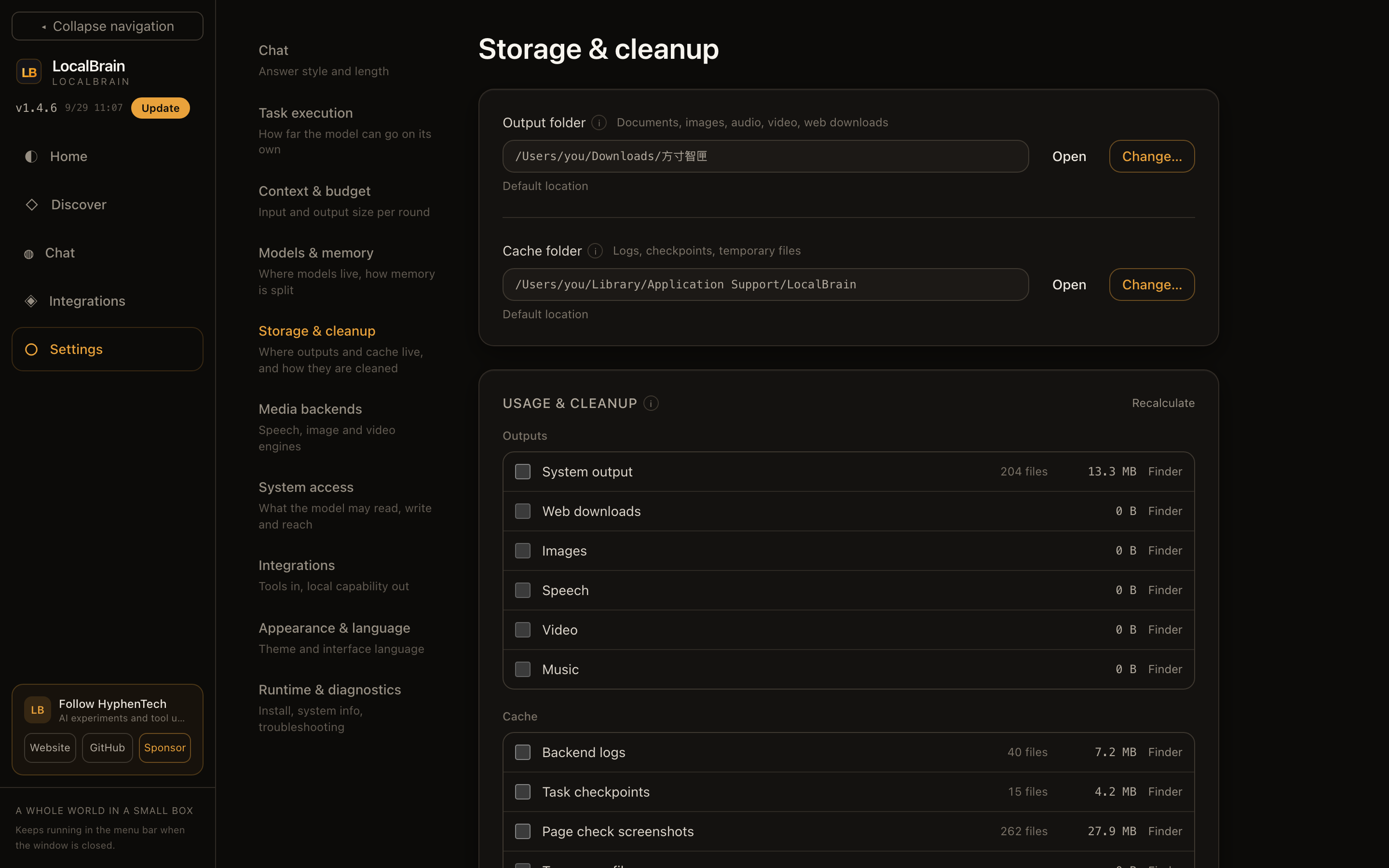 # Settings · Storage & cleanup: both the output folder and the cache folder can move; usage and file counts per category, tick to clean.