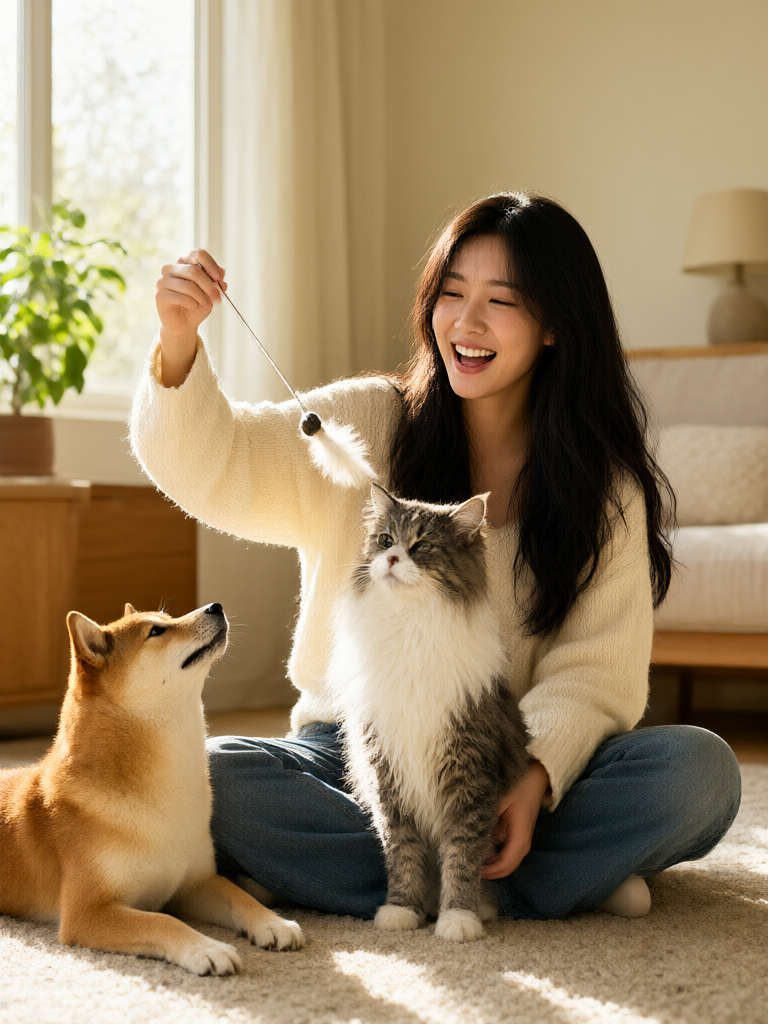 Adult woman with Shiba Inu and Maine