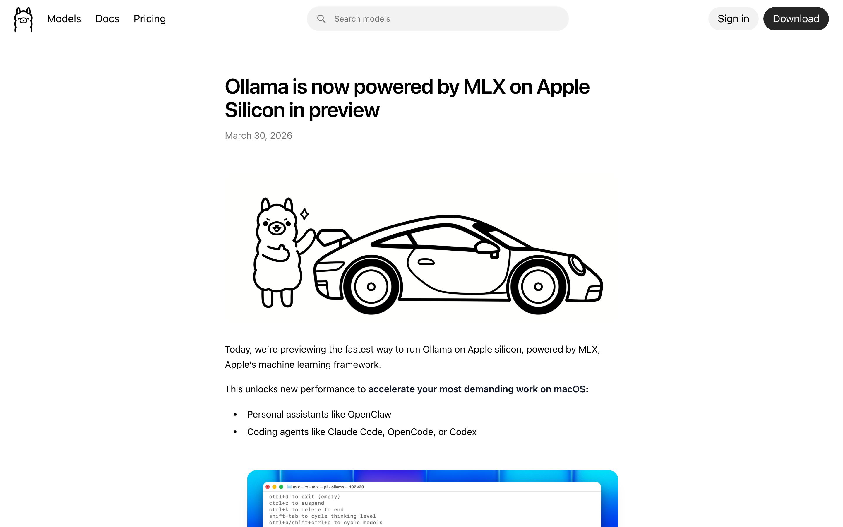 Ollama 官方公告，2026 年 3 月 30 日：Apple Silicon 上的推理改由 MLX 驱动（预览版）