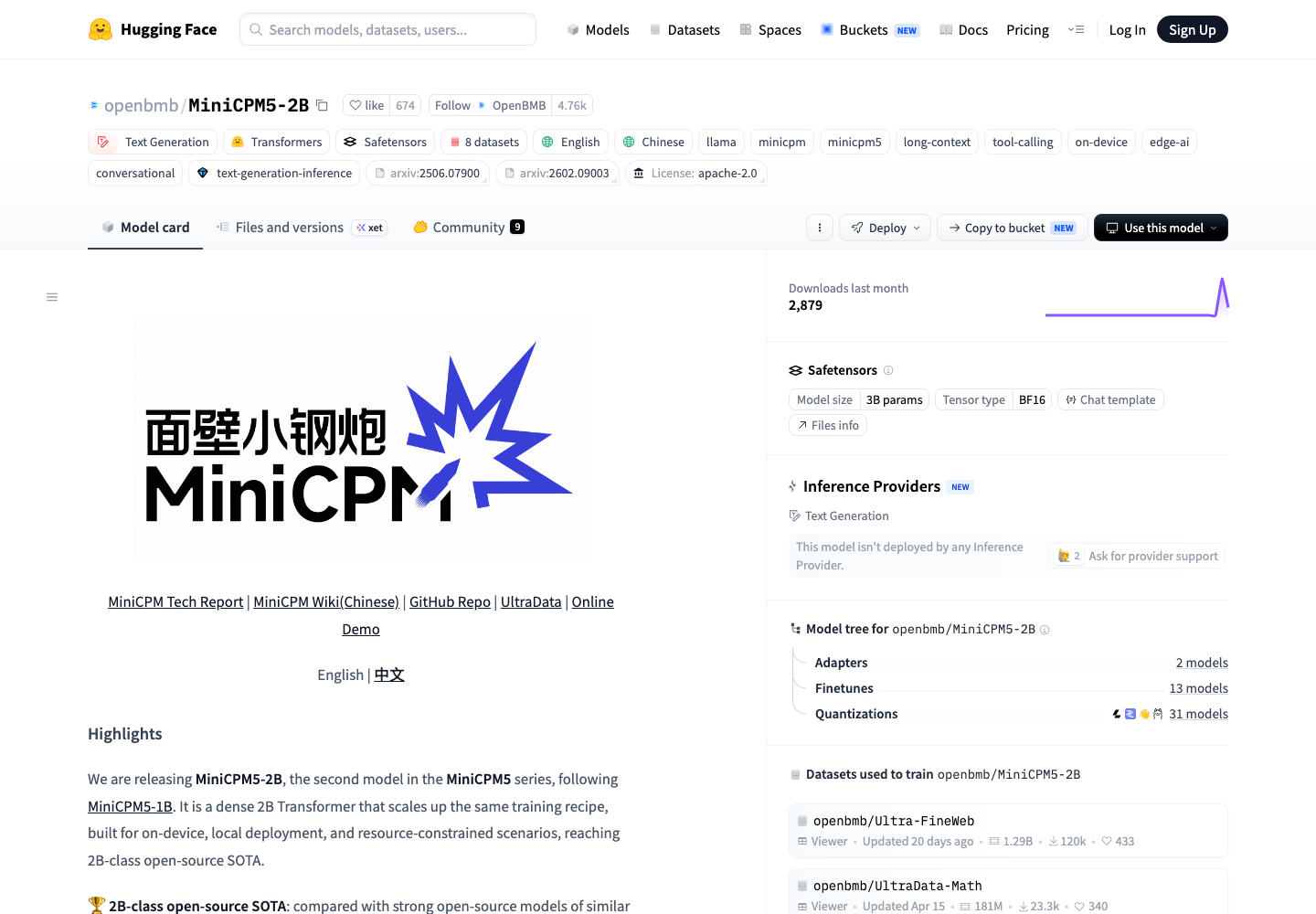 MiniCPM5-2B 官方模型卡：模型定位、许可证、工具调用与端侧标签可直接核对