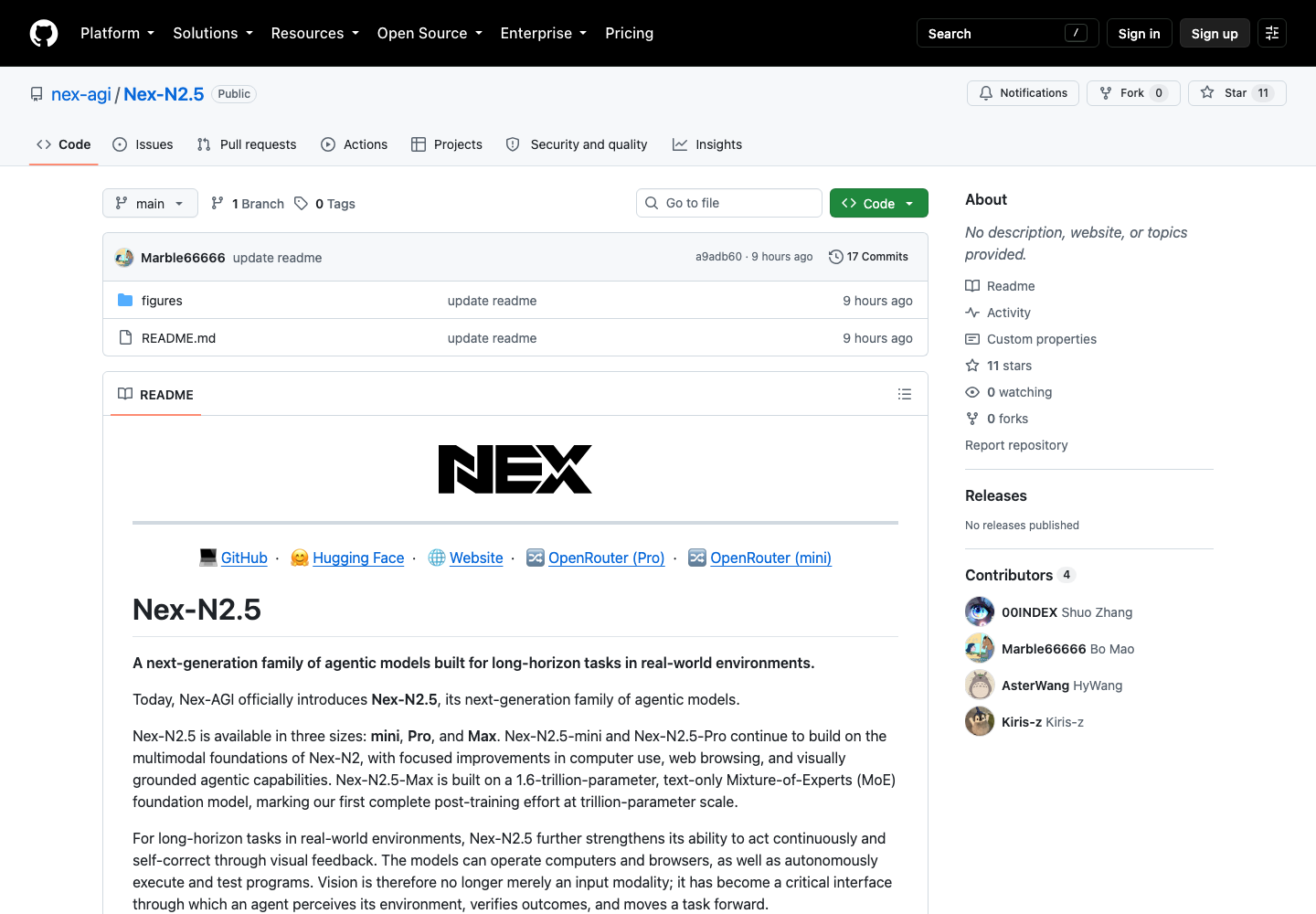 Nex-N2.5 官方 GitHub 仓库：mini、Pro、Max 与电脑操作、视觉反馈定位都写在原始说明中