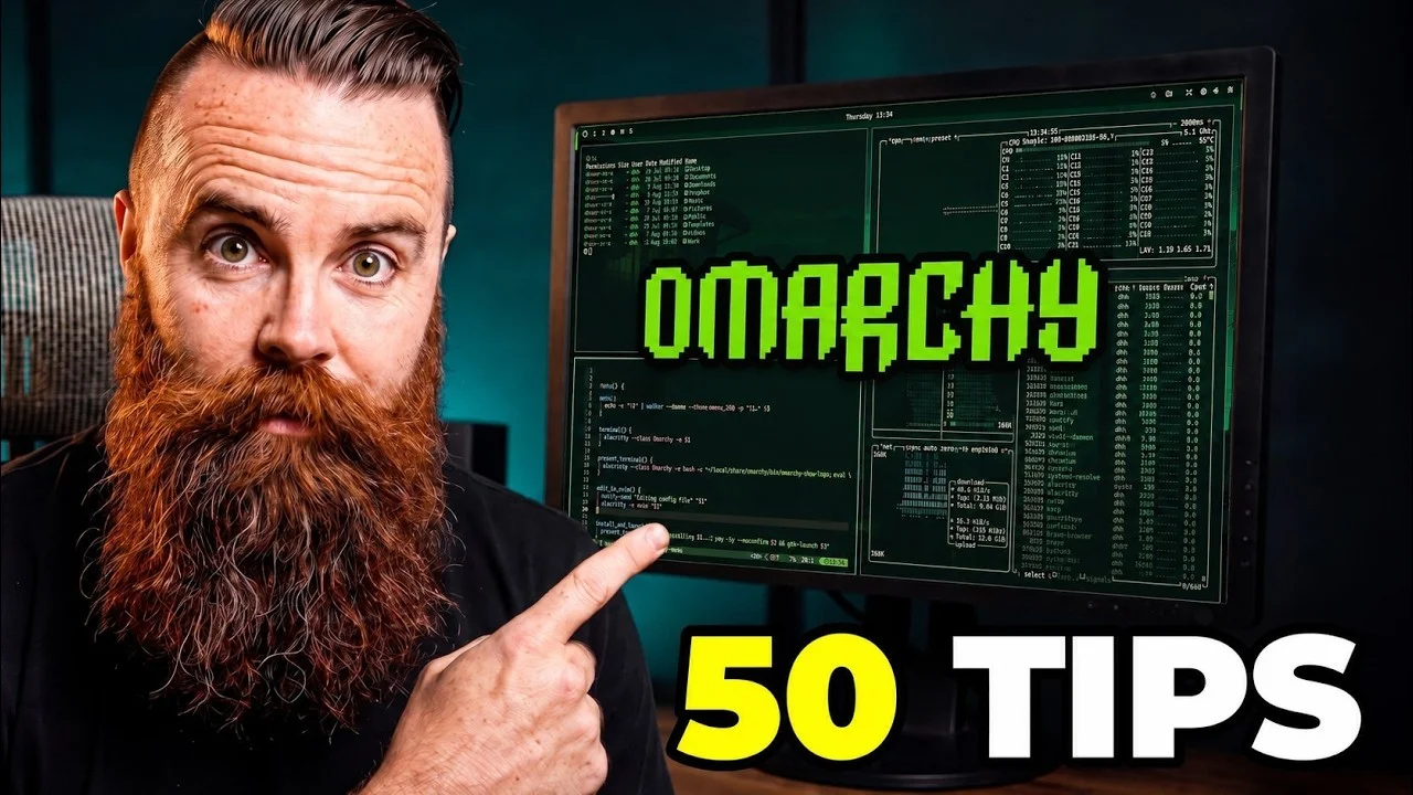官网收录的 Omarchy 功能演示缩略图：能看到终端、脚本和系统界面。它是第三方视频索引，不是我的实机测试截图。来源：Omarchy 官网，查阅于 2026-09-07。