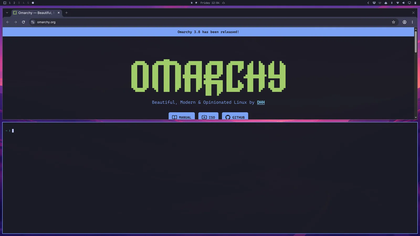 官方手册保留的旧版示意图（画面为 3.x）：Super + J 把窗口叠放。来源：Omarchy Navigation，查阅于 2026-09-07。