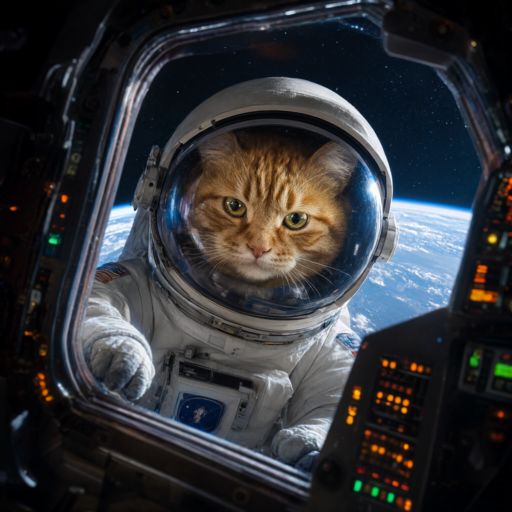 橘猫穿白色宇航服漂浮在舷窗前,头盔面罩映出地球的蓝光