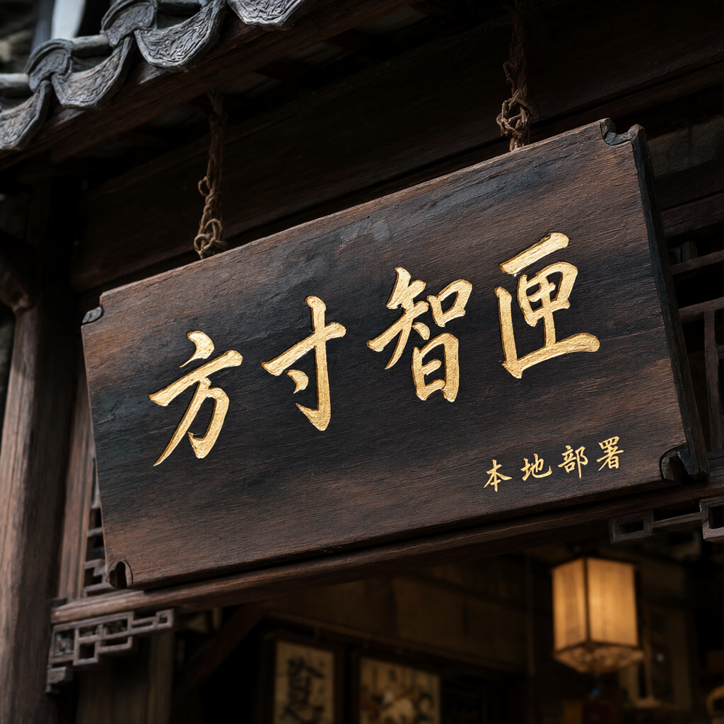 中式茶馆的深色实木牌匾,金漆楷书横写「方寸智匣」四个大字,右下角小字「本地部署」,侧光下木纹清晰