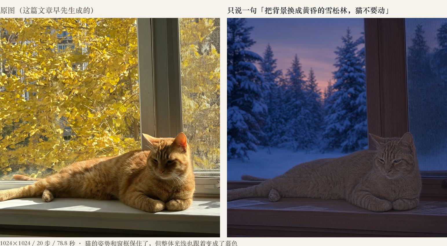 Original image on the left, photo editing results on the right. 1024×1024 / 20 steps / 78.8 seconds