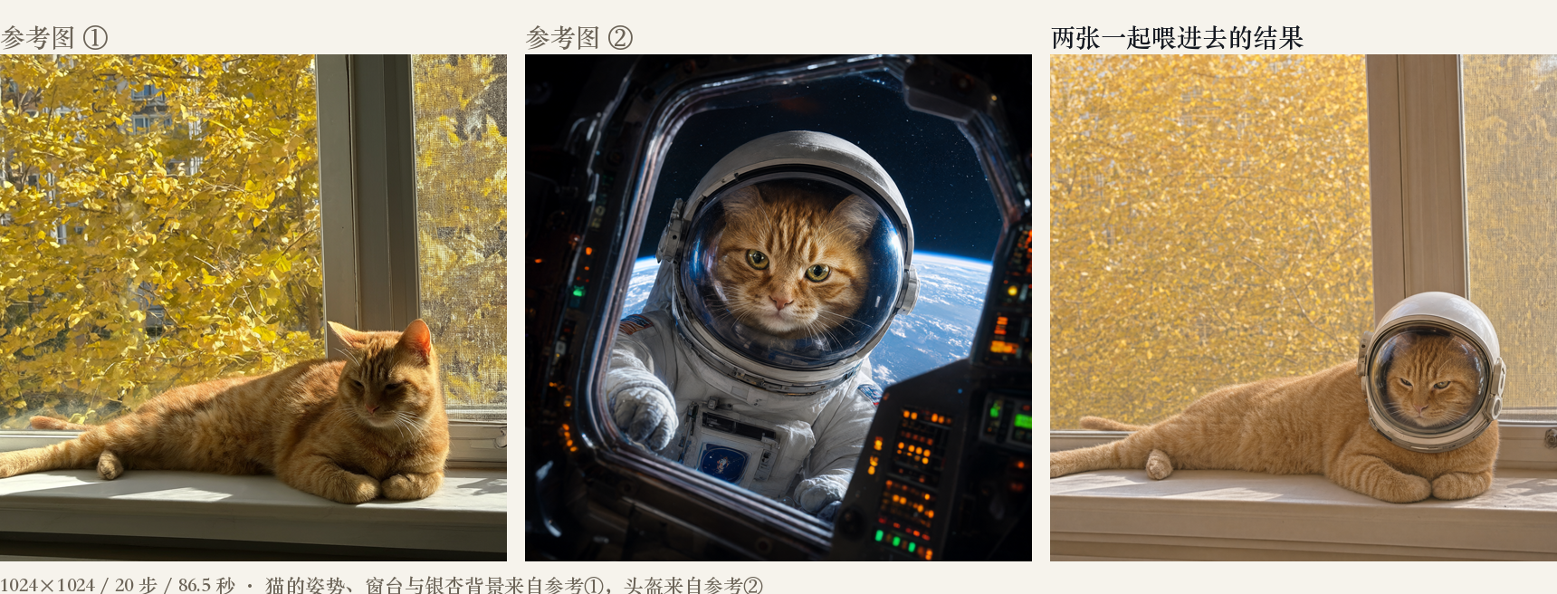 The two images on the left are reference images, the right side shows the results: the cat's pose, windowsill, and ginkgo background are from reference (1), the helmet is from reference (2), 86.5 seconds