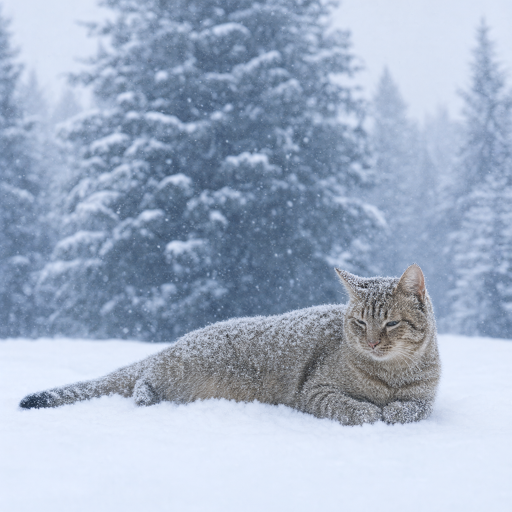 结果:同一只猫趴在雪地里,背景是下雪的松林,毛上落着雪