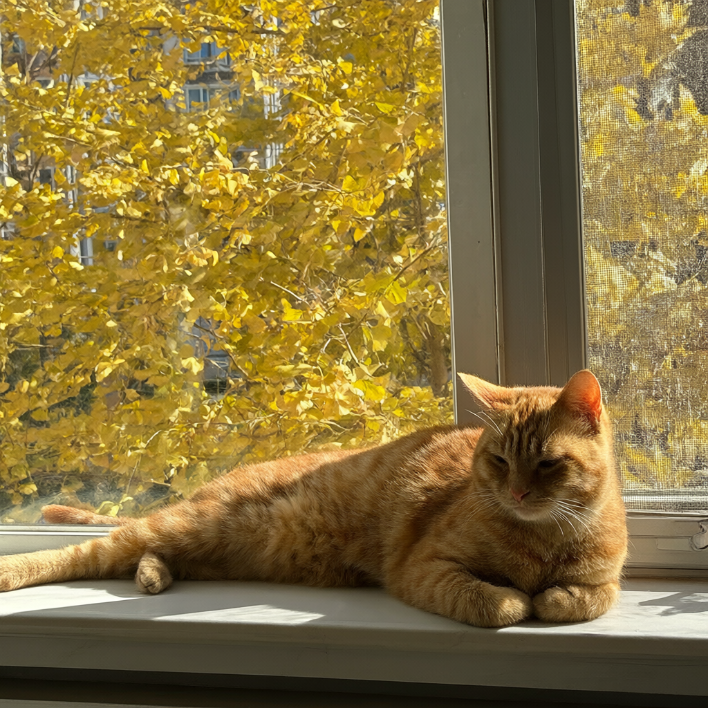 参考图:橘猫趴在窗台上晒太阳,窗外是秋天的银杏