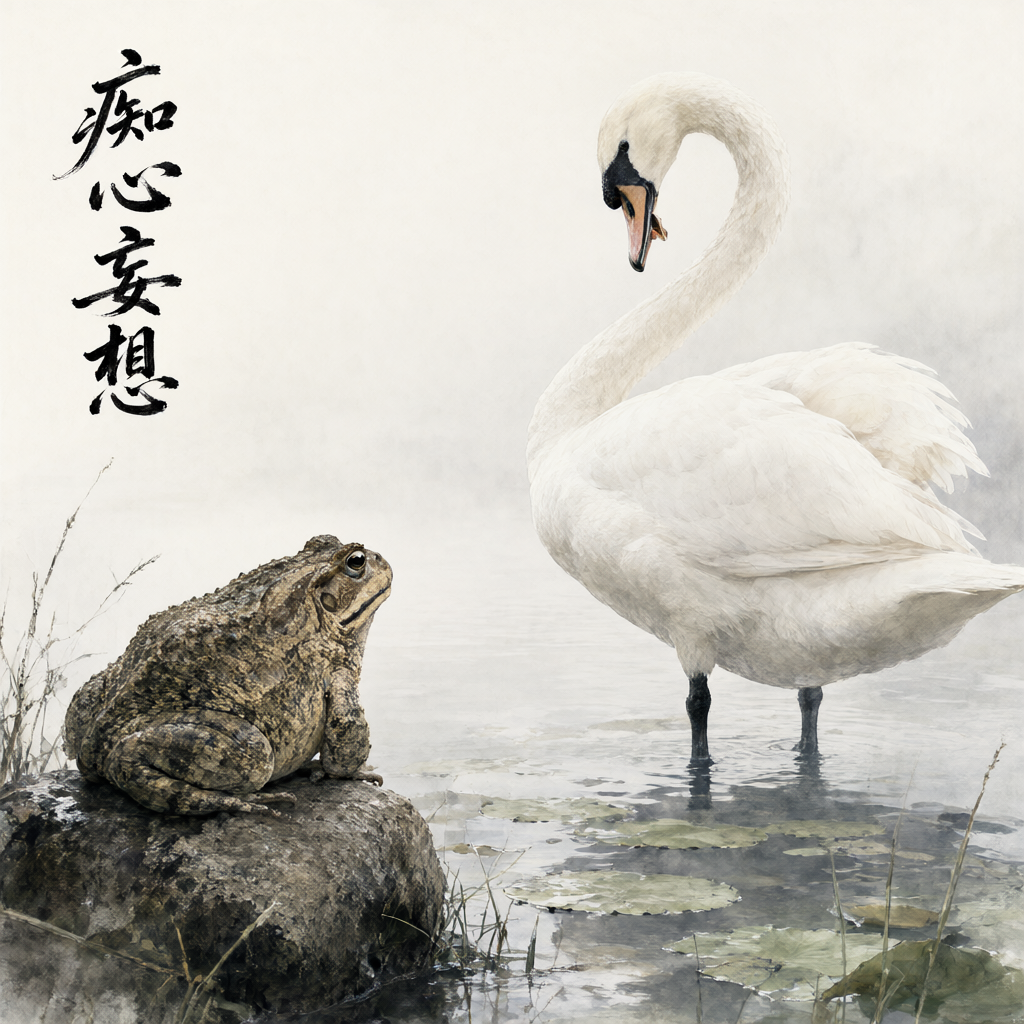 水墨风荷塘,一只癞蛤蟆蹲在石上仰望白天鹅,左上角毛笔竖写「痴心妄想」四字