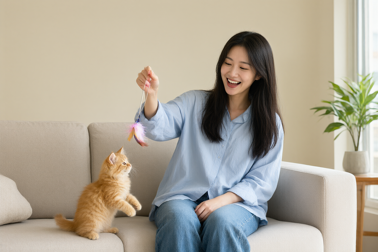 评测实图｜成年美女与幼猫玩羽毛