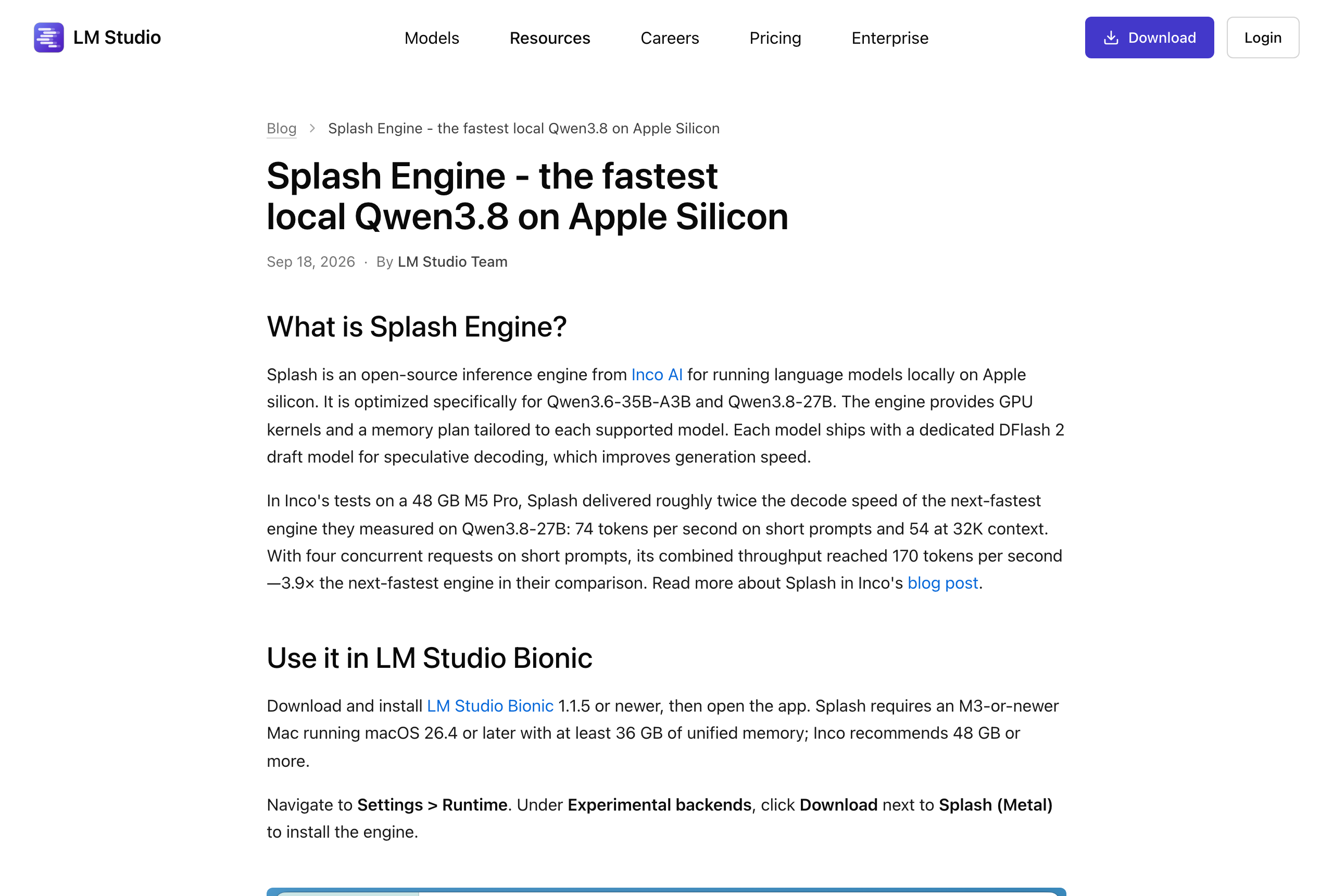 LM Studio 官方博客为 Splash 单独发文,说明在 Bionic 1.1.5 的 Settings → Runtime 下安装 Splash(Metal)后端